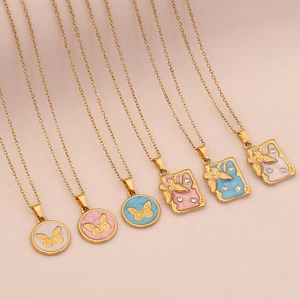 Stainless Steel Butterfly Pendant Necklace With Colorful Enamel And Rhinestones Gold Plated Fashion Jewelry For Women