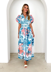 Detail of floral printed maxi dress with puff sleeves, V-neck, and matching belted waist