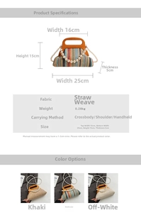 Detailed size specifications for the woven handbag featuring pearl chain and wood handle