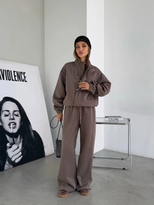 Women Cotton Tracksuit Zip Up Stand Collar Sweatshirt And Wide Leg Pants Casual Streetwear Solid Color Oversized