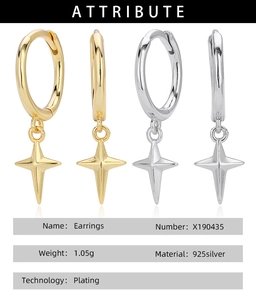 Detail view of gold and silver four-pointed star earrings in 925 sterling silver