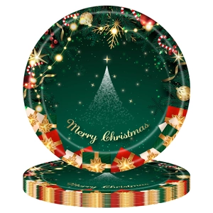 Christmas party tableware set with dark green Merry Christmas tree design paper plates