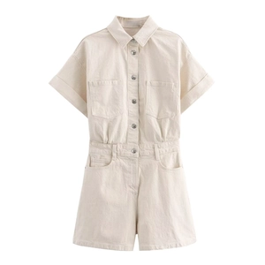 Short sleeve beige denim romper for women with lapel collar and workwear cargo pockets
