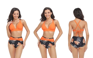 Three views of a two-piece bikini with orange halter top and leaf print high-waisted bottom
