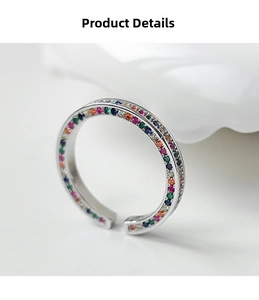 Detailed macro view of S925 sterling silver open ring with multi-color zircon stones