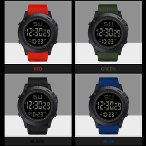 Detailed grid showing multi-functional digital sports watches in red, green, black and blue