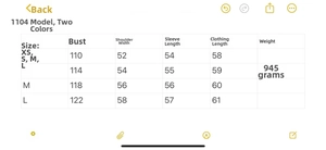 Size chart for stylish lapel buttoned wool coat with detailed bust and length measurements