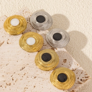 Retro Geometric Round Stud Earrings Stainless Steel Enamel Center Spiral Texture Vintage Elegant Accessory Women