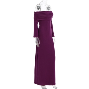 Detail of elegant off-shoulder deep purple knitted dress with ruching on sleeves
