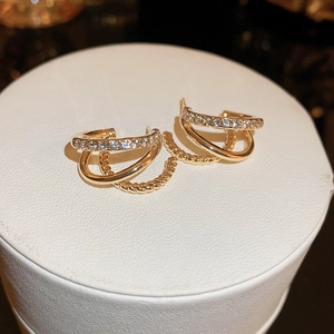 C-Shape Stud Earrings Alloy Rhinestone Multi-Layer Geometric Twisted Texture With Silver Earring Post For Women