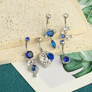 5-piece belly button ring set with blue planet, moon, and zircon drop charms