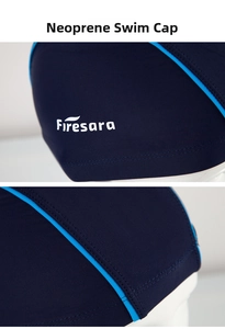 Close-up of navy swim cap showing flatlock stitching and brand logo detail
