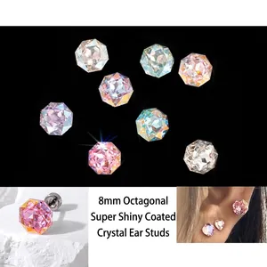 Sparkling Coated Colorful Crystal Helix Ear Studs Titanium Steel Octagonal Rose Cut Screw Back Piercing Jewelry