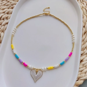Bohemian daisy shell beaded necklace with colorful clay hearts and gold finish