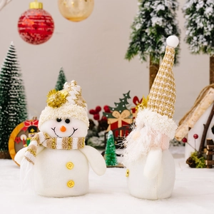 Christmas snowman and gnome plush set with gold knit hats for holiday home decor