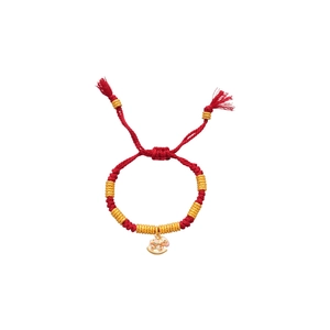Handwoven red rope bracelet with golden beads and colorful enamel rocking horse charm