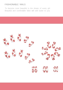 Macro view of short ballerina press-on nails featuring red cow print pattern on white base