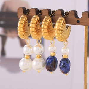 Retro Muschel Tropfenohrringe Titanstahl 18K Vergoldet Mit Imitationsperle Und Naturblauem Stein Für Damen Böhmisch