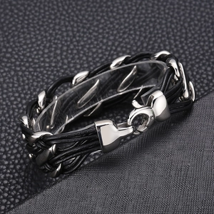 Detail of multi-strand braided black leather bracelet with silver stainless steel clasp