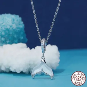 Exquisite S925 sterling silver mermaid tail necklace featuring a translucent opal pendant