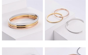 Detail of minimalist CNC rhinestone bangles in silver, gold and rose gold with snap clasp