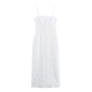 Abito Maxi Canotta Texture Fiori 3D Pizzo Poliestere Vestibilità Aderente Sexy Elegante Donna Party Bianco