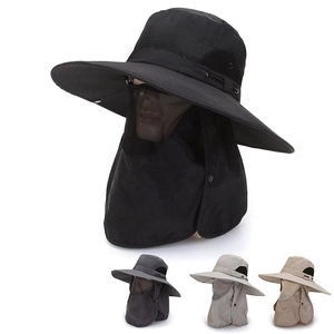 Chapeau de Soleil d'Extérieur pour Hommes Protection UV Chapeau de Pêche Avec Masque Facial Amovible et Volet de Cou Polyester
