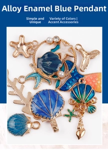 Close-up of blue enamel ocean charms including starfish and seashells with gold alloy edges