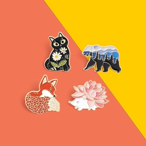 Cartoon animal enamel pins featuring a black cat, red fox, hedgehog and forest bear set