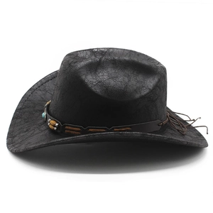 Chapeau de cowboy rétro noir à texture craquelée et bandeau en cuir avec perles turquoise