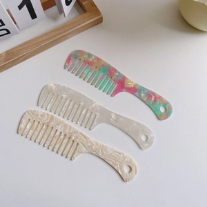Three-piece acetate hair comb set with marble texture and wide teeth for hair detangling