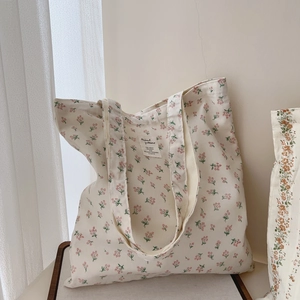 French floral cotton canvas tote bag with artistic label in cream white and pink