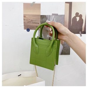 Close-up of green crocodile embossed jelly bag with a gold chain strap and top handle