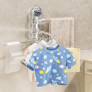 Rotating stainless steel towel rack with four bars and suction cup wall mounting base
