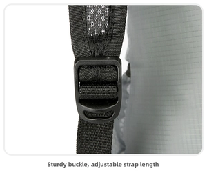 Detail of sturdy buckle and adjustable strap on lightweight foldable hiking backpack