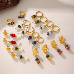 Bohemian gold hoop earrings with natural stones, colorful beads and pearl tassels