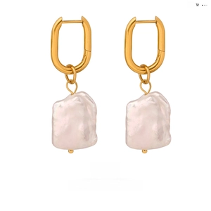 Baroque Irregular Freshwater Pearl Dangle Earrings Titanium Steel 18K Gold Plated Vintage Luxury U-Shaped Hoop For Women