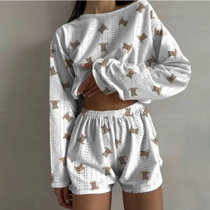 Women Pajama Long Sleeve Top And Shorts Pointelle Knit Heart Bear Print Eyelet Embroidery Loungewear