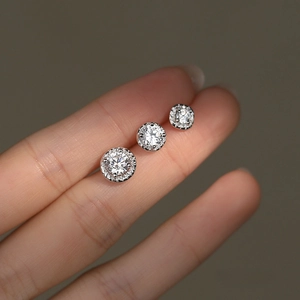 S999 Sterling Silver Zirconia Stud Earrings For Women Minimalist Luxury Round Geometric Sparkling Zirconia Earrings Jewelry Gift