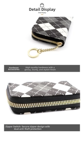 Detail showing the checkerboard pattern card holder with golden hardware and zipper