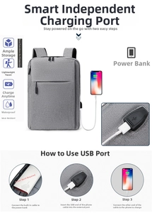 Detail of grey backpack showing external USB charging port and waterproof fabric texture