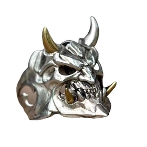 Two-tone Hannya mask open ring with gold-plated horns and detailed demonic carving