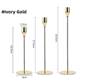 Detailed size specifications of gold metal candle holders in small, medium, and large sizes