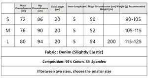 Tabella taglie dettagliata per pantaloncini in denim a vita bassa con misure S, M, L in cm