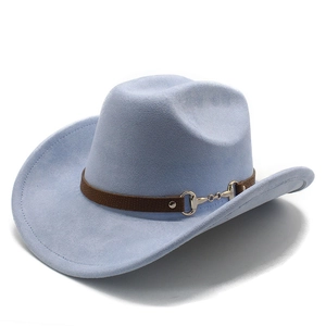 Detail of light blue suede cowboy hat featuring brown leather band and gold horsebit buckle