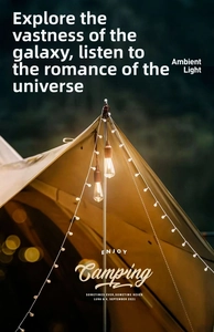 Detail of warm white globe string lights and retro bulbs on a camping tent