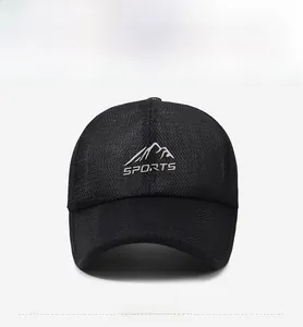 Detail of black breathable mesh baseball cap with mountain logo and sports text