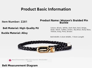Detail showing high-quality black PU braided belt with gold alloy buckle and size specs
