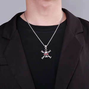 Hip hop style silver stainless steel skull pendant with red gem eyes on a rope chain