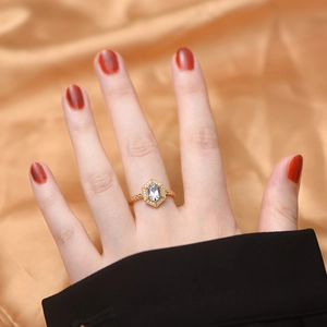 S925 sterling silver sky blue topaz ring with hexagon stone and woven gold band on model